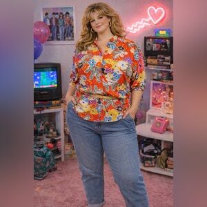 Vintage 80’s- button front blouse - plus size Multicolor big floral